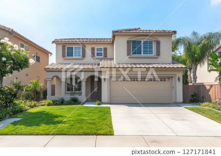 Modern two-story suburban house with tiled roof, arched front porch, and manicured lawn under clear blue sky. Ideal for real estate listings, housing ads, or architectural showcases. Copy space 127171841