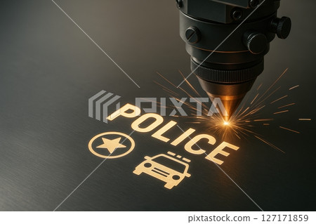 Close-up of laser cutting machine engraving police symbols and text into metal sheet. Bright sparks. Concept of law enforcement, industrial manufacturing, high precision. Copy space. Banner 127171859
