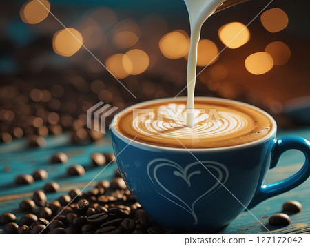 A close-up of a blue coffee cup with a heart design as milk is poured, creating intricate latte art. 127172042