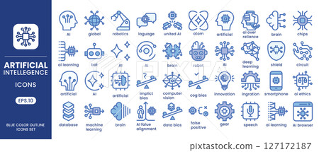 Artificial Intelligence blue color icons set.Vector illustration 127172187