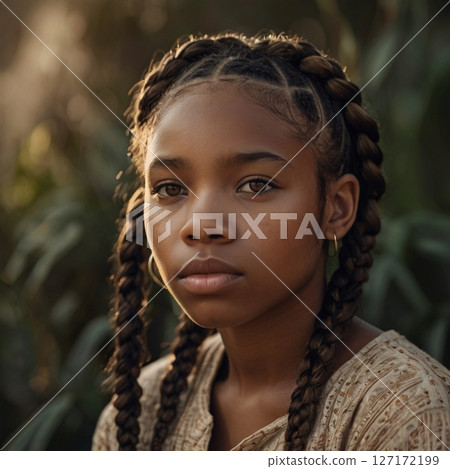 Close-Up Portrait of Thoughtful Young Black Girl with Natural Braided Hair 127172199