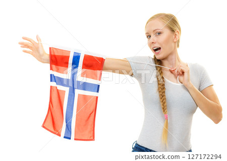 Young woman with norwegian flag 127172294