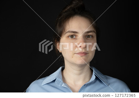 Portrait of 30 Year Old Woman Without Makeup with Real Skin with Moles and Pimples. Portrait of 30 Year Old Woman Without Makeup with Real Skin with Moles and Pimples. 127172365