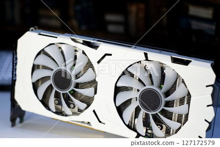 Side view of white graphics card, computer parts Side view of white graphics card, computer parts 127172579