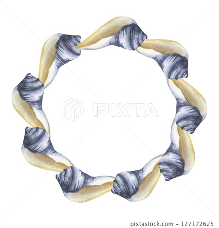 Seashell monochrome blue and beige watercolor round frame. Hand drawn isolated deep sea life clipart, banner template for poster, card, wedding invitation, earth day web banner ,packing design Seashell monochrome blue and beige watercolor round frame. Hand drawn isolated deep sea life clipart, banner template for poster, card, wedding invitation, earth day web banner ,packing design 127172625