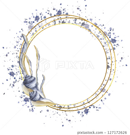 Aquatic banner template with sea shell and weeds watercolor illustration in golden frame with watercolor blue splash.Romantic wreath with deep sea elements clipart for poster, invitation design Aquatic banner template with sea shell and weeds watercolor illustration in golden frame with watercolor blue splash.Romantic wreath with deep sea elements clipart for poster, invitation design 127172626