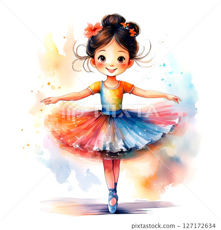 身穿彩色芭蕾舞裙的小芭蕾舞女孩的水彩畫 127172634
