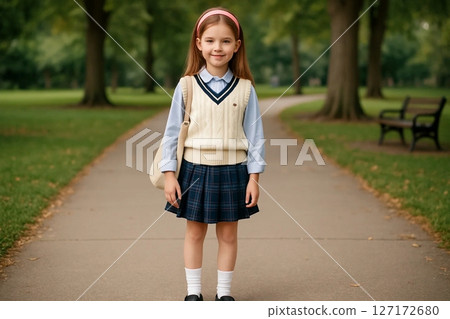 Schoolgirl in Classic Uniform Standing Outdoors Schoolgirl in Classic Uniform Standing Outdoors 127172680