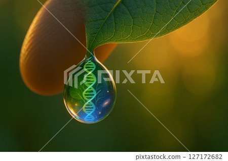Ultra-High-Resolution Macro Photo of Stylized Finger with Dew Droplet at Dawn 127172682