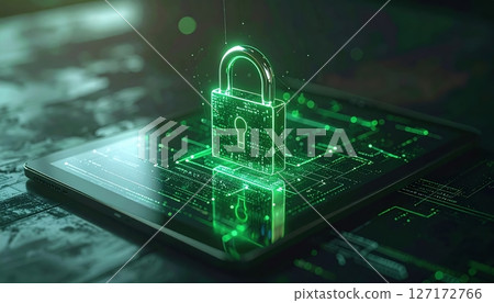 Futuristic digital security lock hologram over a tablet device representing cybersecurity protection and data privacy technology concept 127172766