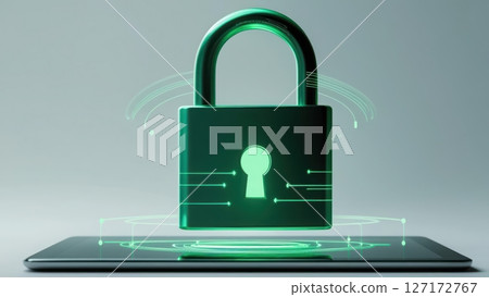 Modern digital security concept with glowing green lock icon on a smartphone screen illustrating data protection and cybersecurity technology 127172767