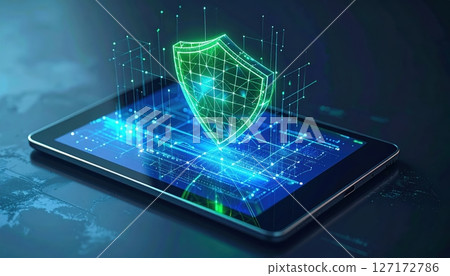 Digital cybersecurity concept with shield hologram protecting smartphone network data and online privacy in a high-tech futuristic setting 127172786