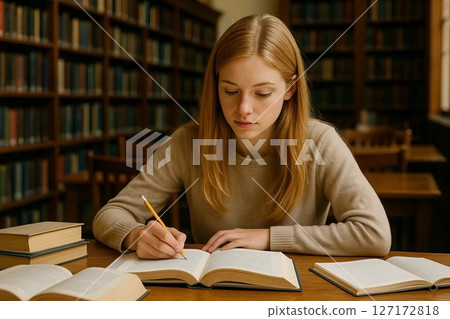 Blonde Girl Focused on Studying in a Quiet Library Blonde Girl Focused on Studying in a Quiet Library 127172818