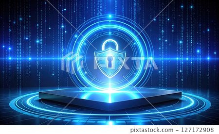 Advanced digital security technology with a glowing shield icon on a tablet device surrounded by futuristic digital data streams 127172908