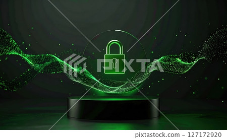 Futuristic digital secure lock icon surrounded by glowing green digital particles and waveforms representing cybersecurity and data protection technology 127172920