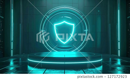 Futuristic digital shield hologram glowing neon security shield holography in high-tech environment emphasizing cybersecurity protection technology 2023 Futuristic digital shield hologram glowing neon security shield holography in high-tech environment emphasizing cybersecurity protection technology 2023 127172923