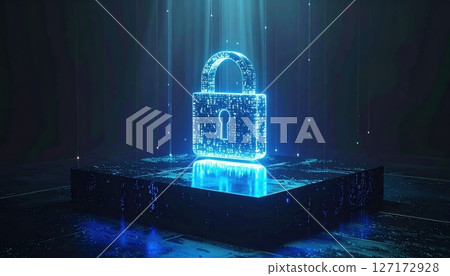 Digital security concept with glowing blue padlock on a futuristic platform representing data protection and cybersecurity in a dark virtual environment 127172928