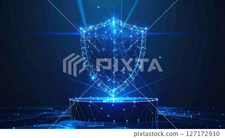 Futuristic digital shield composed of glowing interconnected lines and particles representing cybersecurity protection on a dark background 127172930