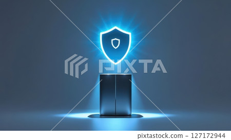 Modern digital shield icon glowing with light representing cybersecurity, online protection, data security, digital safety, and internet security concept 127172944