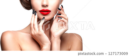 Beautiful female red lips and black nails. 127173009