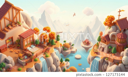 Fantasy village scene with waterfalls and mountains 127173144
