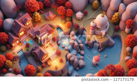 Whimsical village illustration with cartoonish houses and waterfalls 127173179