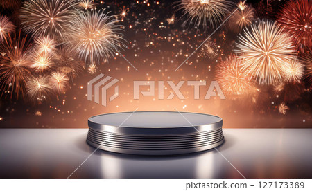 minimalist round podium with shiny metallic finish, set against backdrop of vibrant fireworks, creates festive and celebratory atmosphere minimalist round podium with shiny metallic finish, set against backdrop of vibrant fireworks, creates festive and celebratory atmosphere 127173389