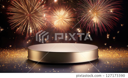 minimalist round podium with shiny metallic finish, set against backdrop of vibrant fireworks, creates festive and celebratory atmosphere 127173390