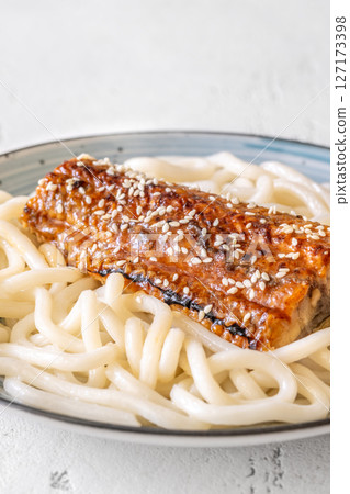 Udon Noodles With Baked Eel And Sweet Unagi Sauce In Bowl 127173398