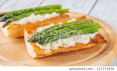 Ciabatta Sandwiches With Stracciatella And Asparagus Drizzled In Olive Oil 127173456