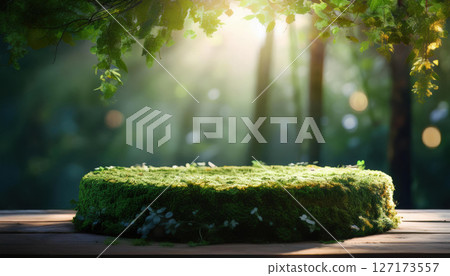 glowing podium covered in lush moss and ivy, placed under tree canopy with sunlight filtering through leaves, creates serene and magical atmosphere 127173557