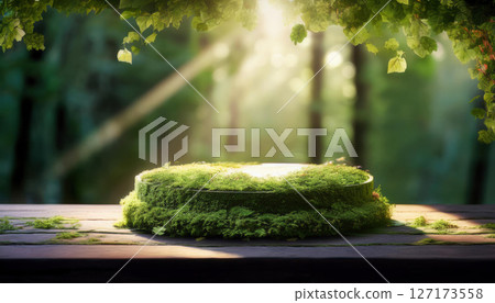 glowing podium covered in moss and ivy, placed under tree canopy with sunlight dappling through leaves, creates serene and enchanting atmosphere 127173558