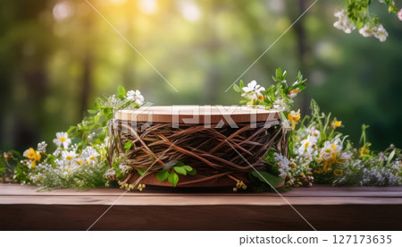 rustic podium made of intertwined branches, surrounded by blooming wildflowers and soft greenery, creates serene and enchanting atmosphere in nature rustic podium made of intertwined branches, surrounded by blooming wildflowers and soft greenery, creates serene and enchanting atmosphere in nature 127173635