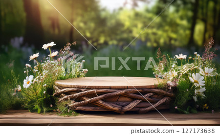 rustic podium made of intertwined branches, surrounded by blooming wildflowers and soft greenery, creates serene and enchanting atmosphere in nature 127173638