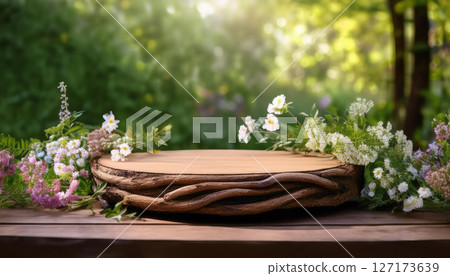 rustic podium made of intertwined branches, surrounded by blooming wildflowers and soft greenery, creates serene and enchanting atmosphere in nature 127173639