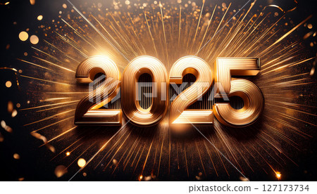 Bold metallic numbers 2025 shine brightly against dynamic background, symbolizing celebration and new beginnings. design evokes excitement and anticipation for upcoming year 127173734