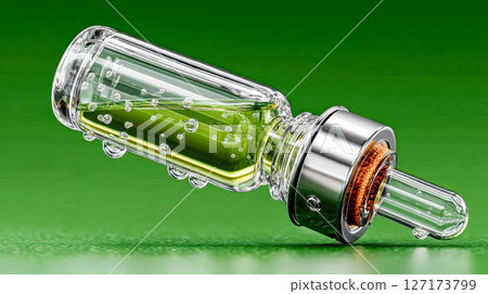 A transparent glass pipette filled with vibrant green and yellow serum, covered in water droplets on a green background 127173799