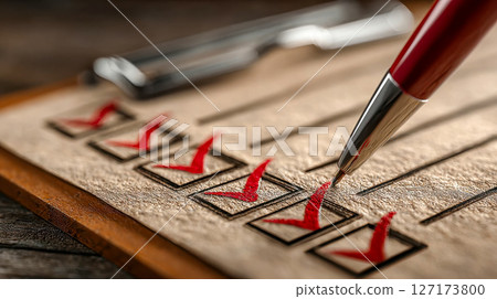 Close-up of a checklist with red check marks being filled in using a red pen on a textured clipboard 127173800