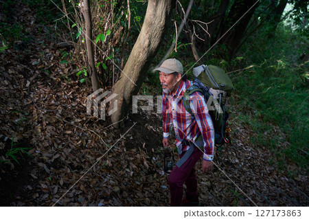 Hiking, mountain climbing, senior camper, dusk, solo camping, senior 127173863