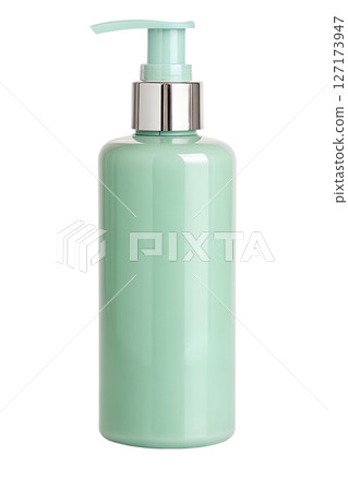 Green cosmetic pump bottle isolated on transparent background, eco-friendly packaging, beauty product, minimalist design 127173947