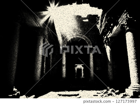 Ancient ruins in sci-fi scene with dotwork retro style. Mysterious gate debris with dramatic lights and retro texture Ancient ruins in sci-fi scene with dotwork retro style. Mysterious gate debris with dramatic lights and retro texture 127173997