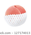 Pink white peach wrapped in a fruit cap 127174013