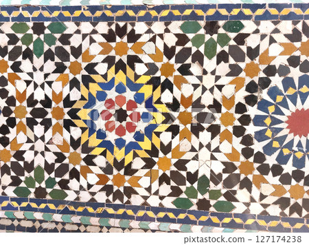 Moroccan Islamic mosaic tiles in Marrakesh, Morocco 127174238