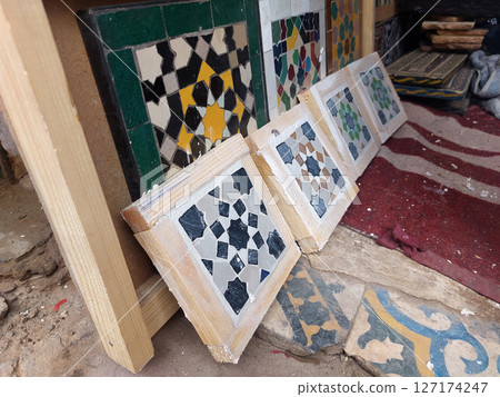 Moroccan Islamic mosaic tiles in Marrakesh, Morocco Moroccan Islamic mosaic tiles in Marrakesh, Morocco 127174247