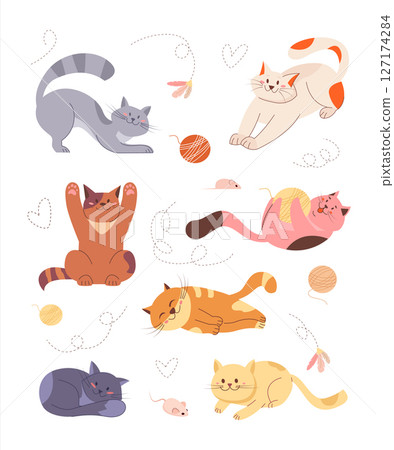 Cats playing with toys and ball of yarn, sleeping, stretching, sitting, lying, relaxing. Cute purebred kittens in different poses 127174284