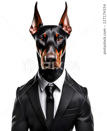 A cool Doberman in a black suit 127174354