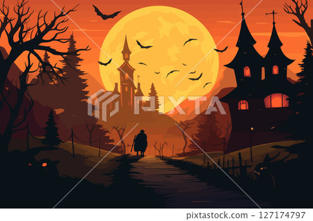 Haunted mansion silhouette under a vibrant sunset with bats flying and trees lining the path 127174797
