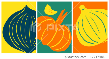 Set of 3 poster designs for healthy food concept, Veggie Time! Series. Silhouette garlic, red onion and onion illustration in minimal style, Vibrant green, yellow, blue and orange colors. 127174860