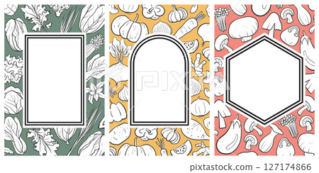 Set of 3 poster designs for healthy food concept, Veggie Time! Series. Cute hand drawn mix vegetables illustration in details on background with frame and copy space. Green, yellow and pink colors. Set of 3 poster designs for healthy food concept, Veggie Time! Series. Cute hand drawn mix vegetables illustration in details on background with frame and copy space. Green, yellow and pink colors. 127174866