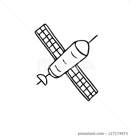 Flying satellite with deployed solar panels stylized monochrome vector illustration. Spacecraft graphic sketch for space technology themes, sci fi project, educational material, coloring page 127174973